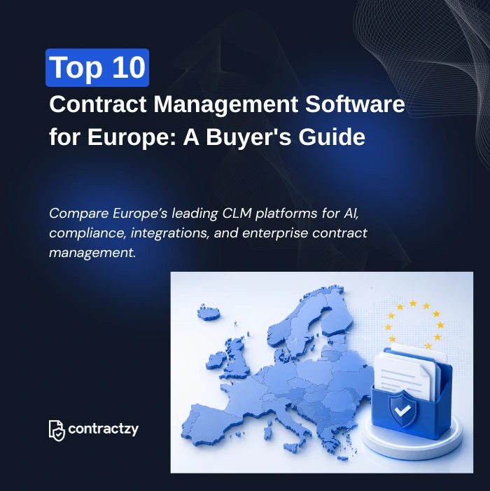 Comparison table of top CLM software for Europe, including Contractzy, DocuSign CLM, Ironclad, and Agiloft.