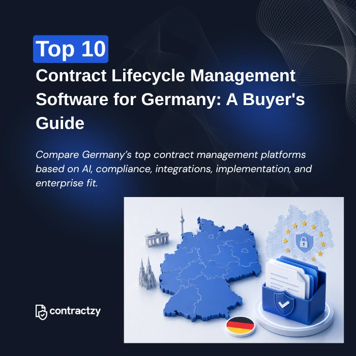 Comparison table of top CLM software for Germany, including Contractzy, Icertis, DocuSign CLM, and Agiloft.