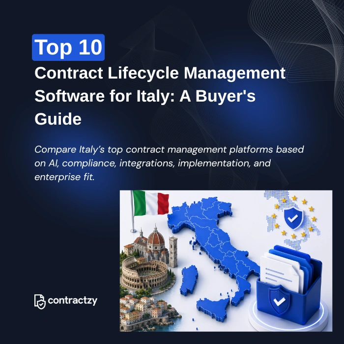 Comparison table of top CLM software for Italian enterprises, including Contractzy, DocuSign CLM, Icertis, Ironclad and Agiloft.