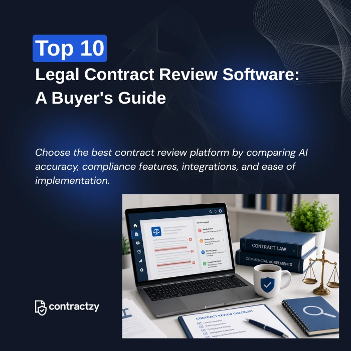 Comparison table of contract review software with AI risk analysis, implementation time, and key features.