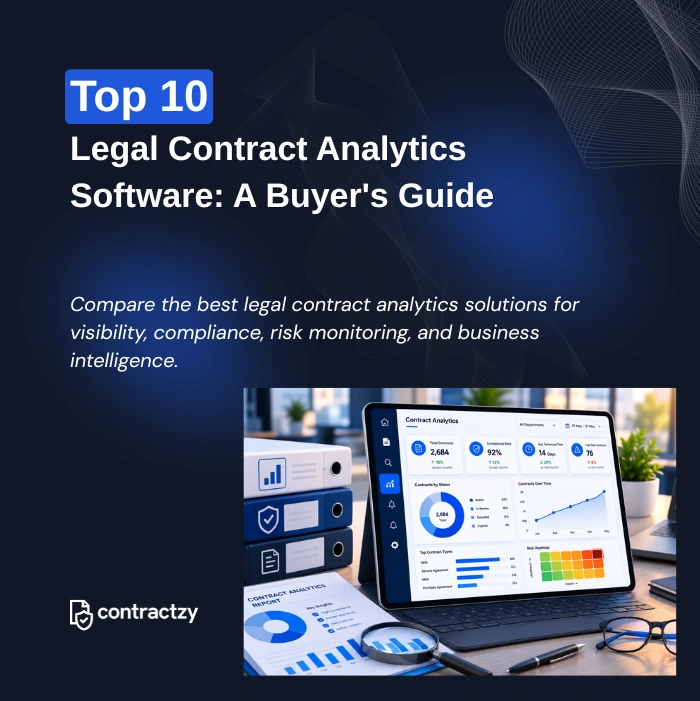 Comparison table of contract analytics software with AI insights, reporting, implementation time, and key features.