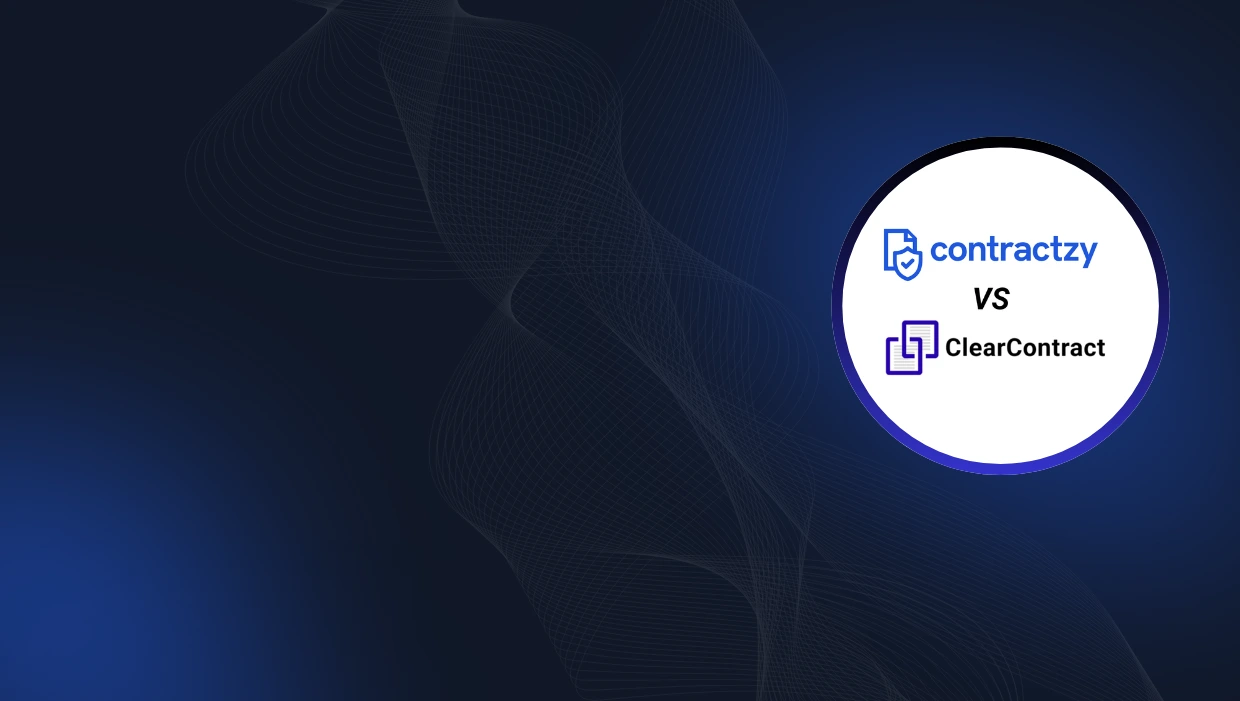 Comparison table of Clearcontract vs Contractzy with AI automation, implementation time, control model, and key features.