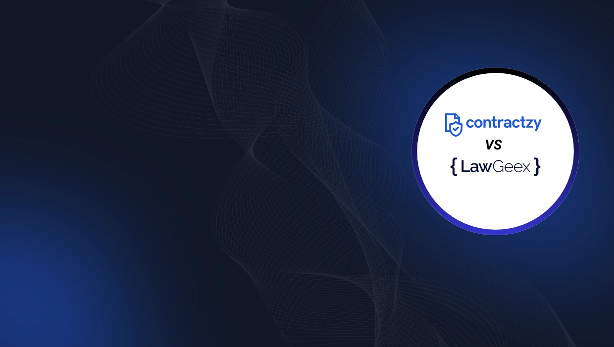 Comparison table of Lawgeex vs Contractzy with AI contract review, lifecycle management, implementation time, and key features.
