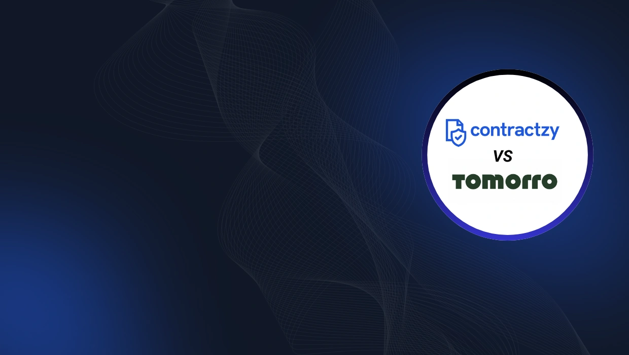 Comparison table of Tomorro vs Contractzy with AI capabilities, implementation time, deployment options, and key features.