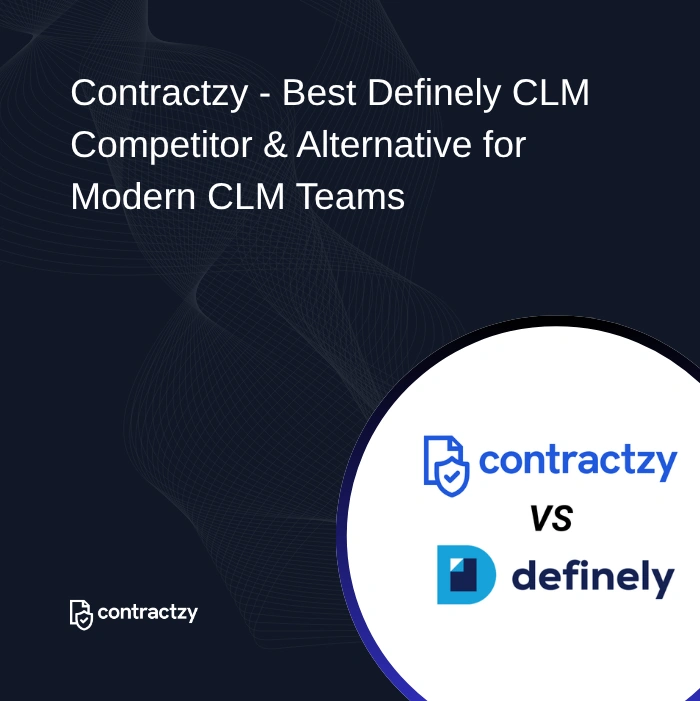Comparison table of Definely vs Contractzy with AI contract review, Microsoft Word integration, implementation time, and key features.