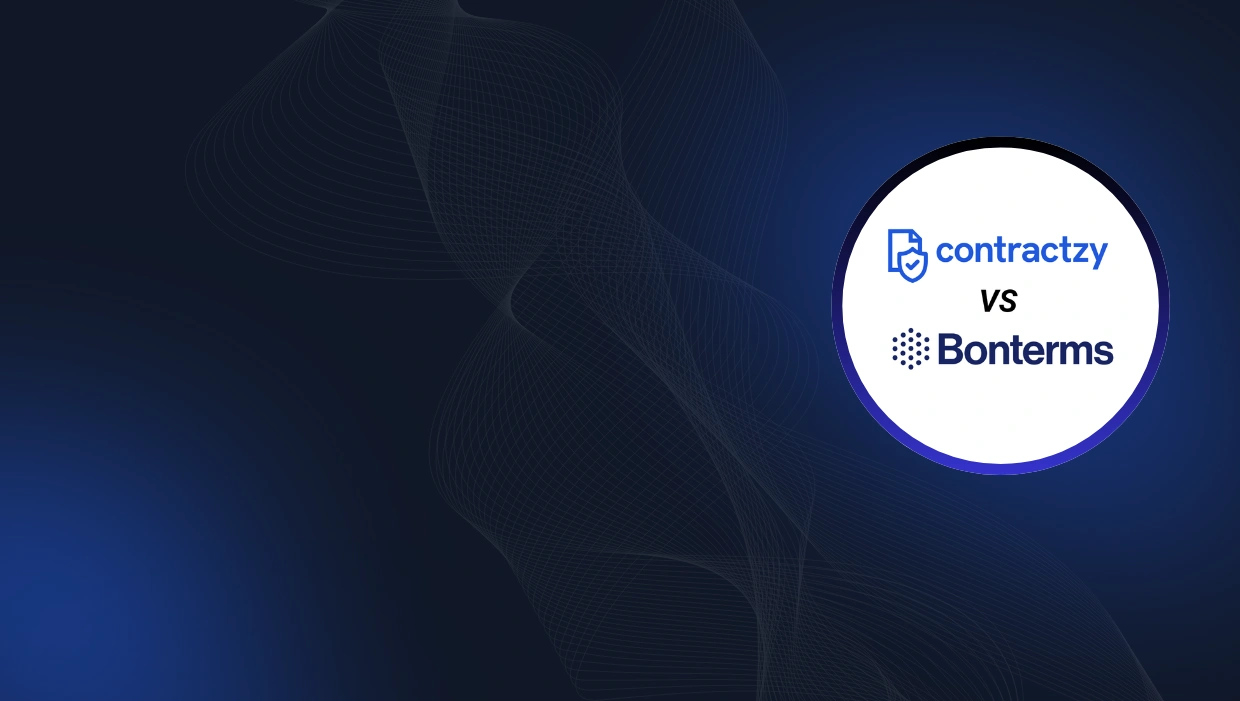 Comparison table of Bonterms vs Contractzy with agreement standardization, AI capabilities, implementation time, and key features.