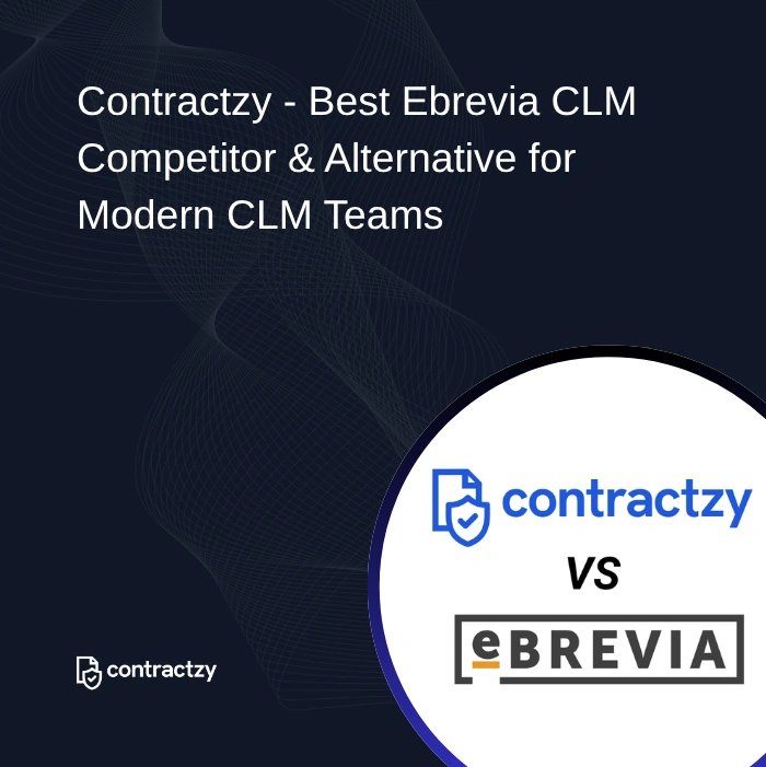 Comparison table of Ebrevia vs Contractzy with AI contract analysis, lifecycle management, implementation time, and key features.