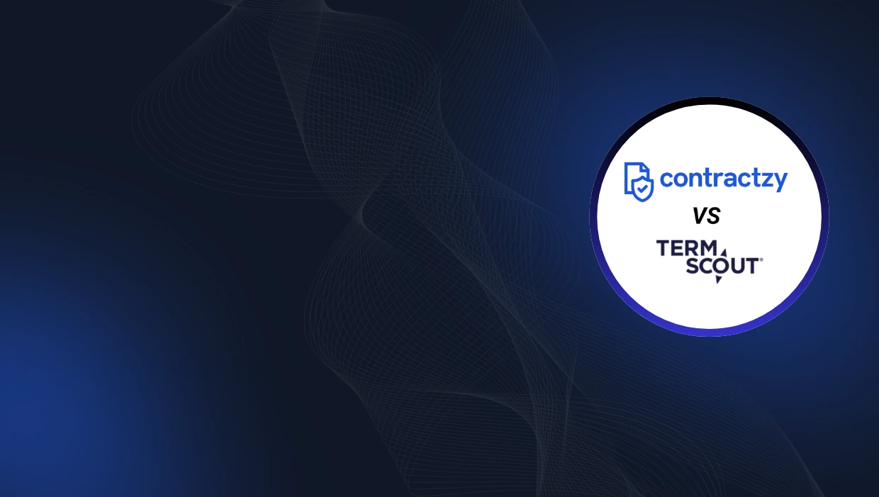 Comparison table of TermScout vs Contractzy with contract certification, AI capabilities, implementation time, and key features.