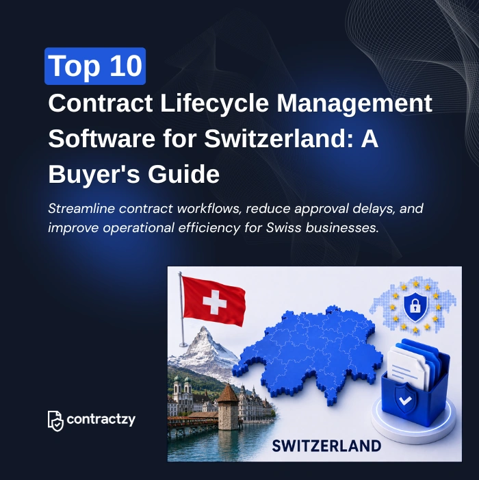 Comparison table of top CLM software for Switzerland, including Contractzy, DocuSign CLM, Agiloft, and Ironclad.