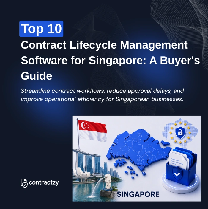 Comparison table of top CLM software for Singapore, including Contractzy, DocuSign CLM, Juro, and Ironclad.