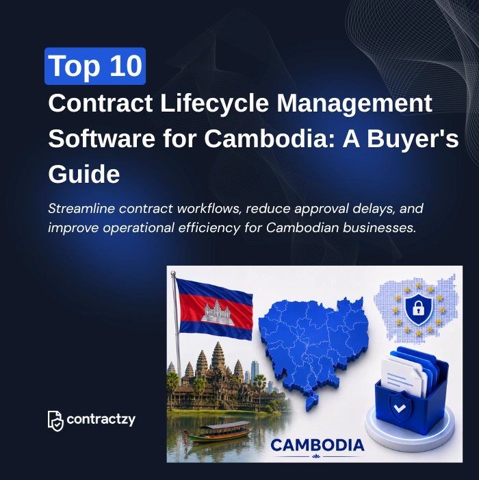 Comparison table of top CLM software for Cambodia, including Contractzy, DocuSign CLM, Ironclad, and Agiloft.