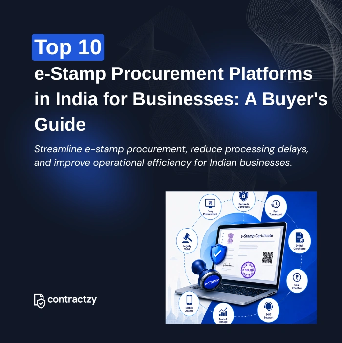 Comparison table of top e-Stamp procurement platforms in India, including Contractzy, Leegality BharatStamp, Doqfy, and Digio.