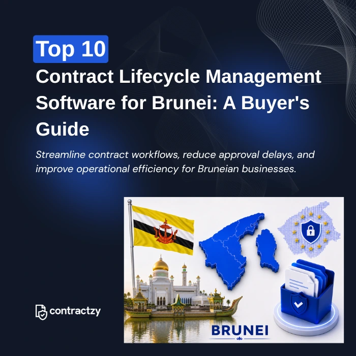 Comparison table of top CLM software for Brunei, including Contractzy, DocuSign CLM, Ironclad, and Agiloft.