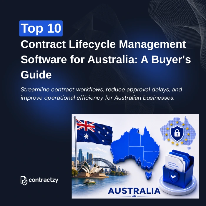 Comparison table of top CLM software for Australia, including Contractzy, Ironclad, DocuSign CLM, and Agiloft.