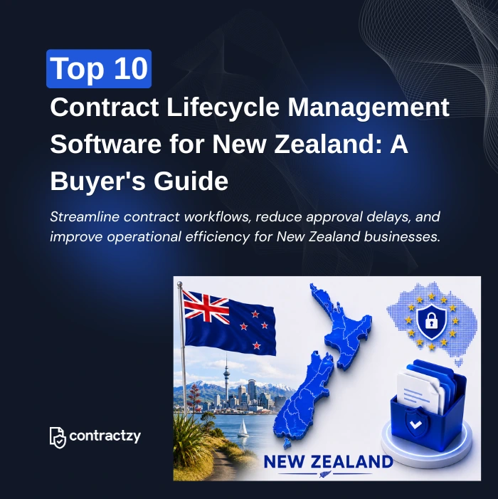Comparison table of top CLM software for New Zealand, including Contractzy, Agiloft, Ironclad, and DocuSign CLM.
