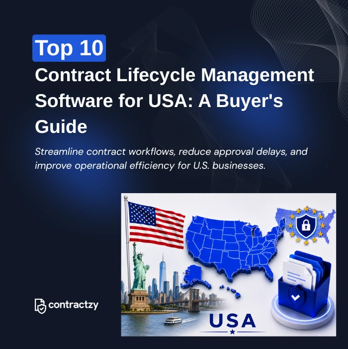 Comparison table of top CLM software for the USA, including Contractzy, Ironclad, DocuSign CLM, and Icertis.