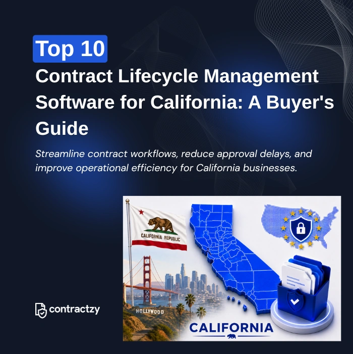 Comparison table of top CLM software for California, including Contractzy, Agiloft, DocuSign CLM, and Icertis.