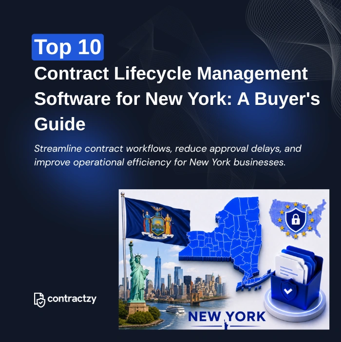 Comparison table of top CLM software for New York, including Contractzy, Ironclad, DocuSign CLM, and LinkSquares.