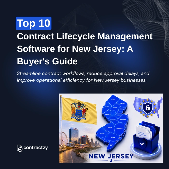 Comparison table of top CLM software for New Jersey, including Contractzy, Ironclad, Agiloft, and Icertis.