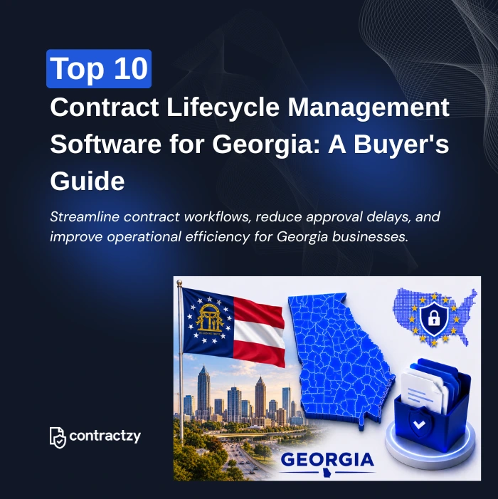 Comparison table of top CLM software for Georgia, including Contractzy, Ironclad, Icertis, and LinkSquares.