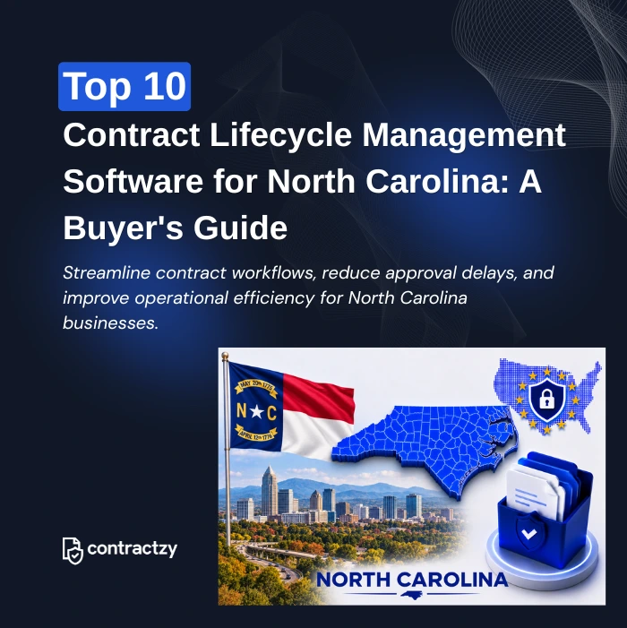 Comparison table of top CLM software for North Carolina, including Contractzy, Ironclad, Icertis, and LinkSquares.