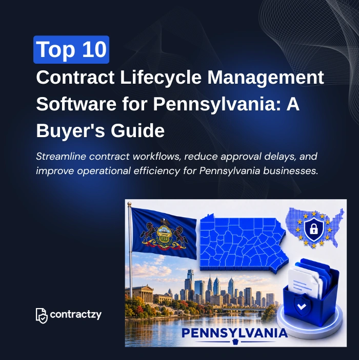 Comparison table of top CLM software for Pennsylvania, including Contractzy, Ironclad, Icertis, and LinkSquares.