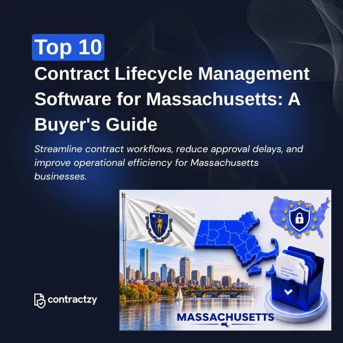 Comparison table of top CLM software for Massachusetts, including Contractzy, Ironclad, Icertis, and LinkSquares.