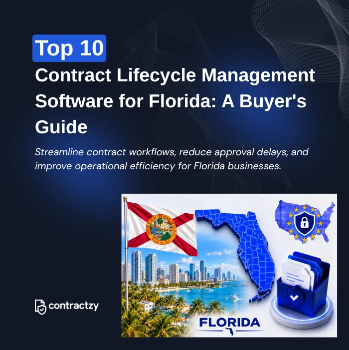 Comparison table of top CLM software for Florida, including Contractzy, Ironclad, Icertis, and LinkSquares.