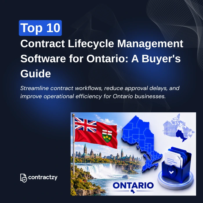 Comparison table of top CLM software for Ontario, including Contractzy, Ironclad, Icertis, and LinkSquares.