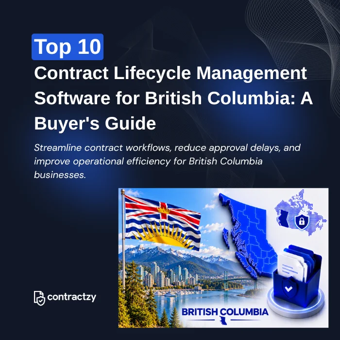 Comparison table of top CLM software for British Columbia, including Contractzy, Ironclad, Icertis, and LinkSquares.