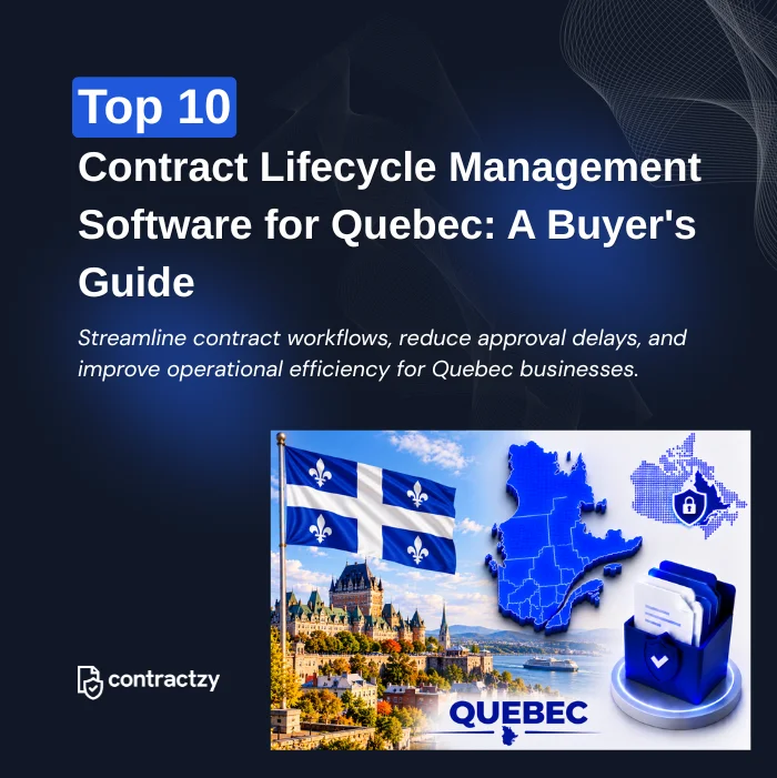 Comparison table of top CLM software for Quebec, including Contractzy, Ironclad, Icertis, and LinkSquares.