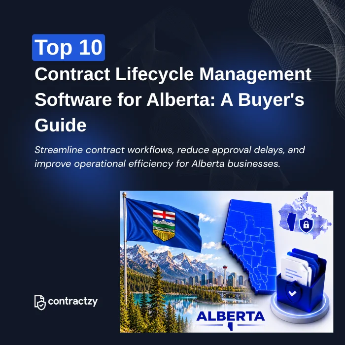 Comparison table of top CLM software for Alberta, including Contractzy, Ironclad, Icertis, and LinkSquares.