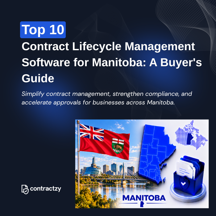 Comparison table of top CLM software for Manitoba, including Contractzy, Ironclad, Icertis, and LinkSquares.