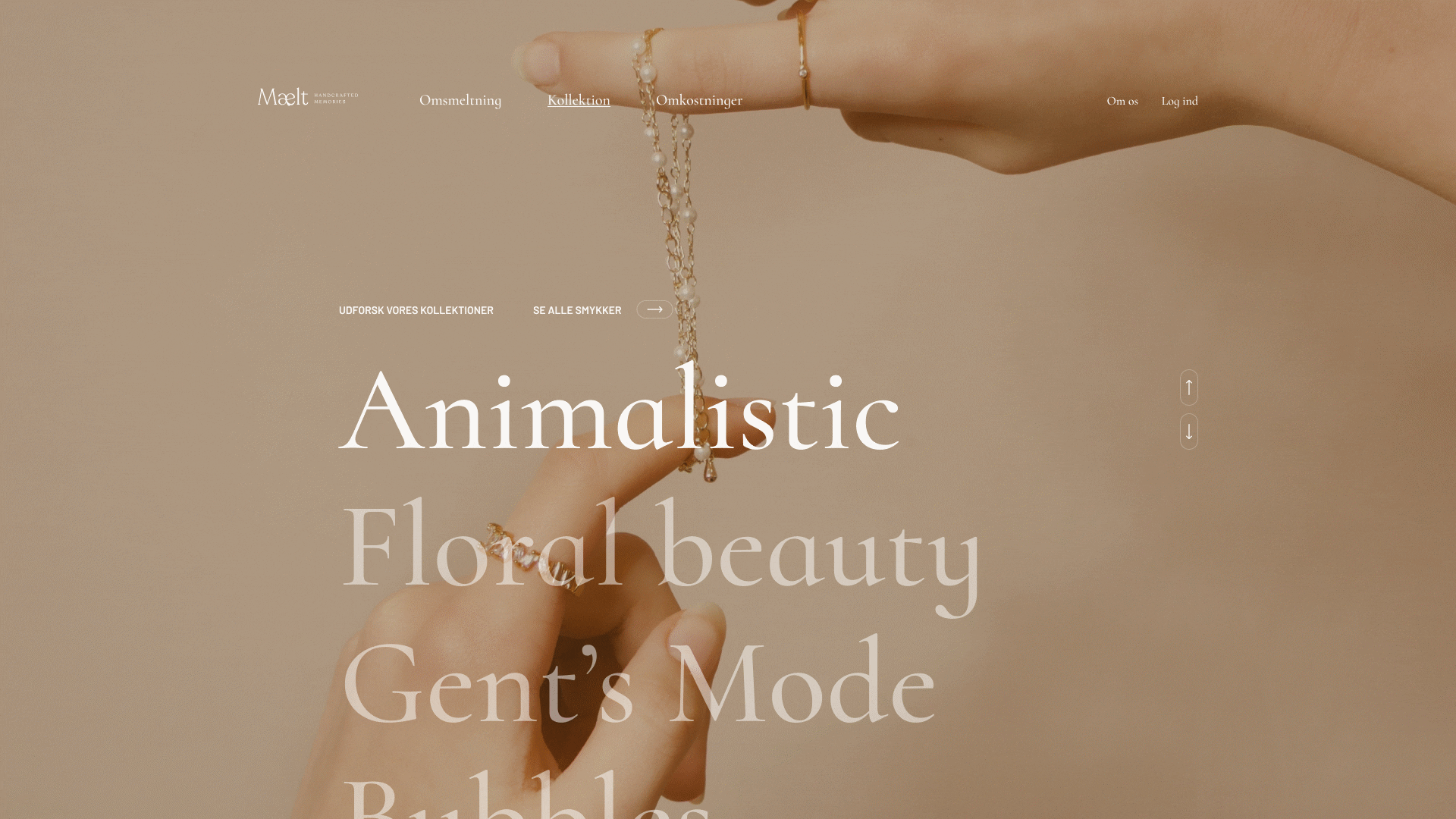 Hero section with animated scroll experience showcasing Mælt’s visual identity, using jewellery photography and refined typography to communicate brand values.