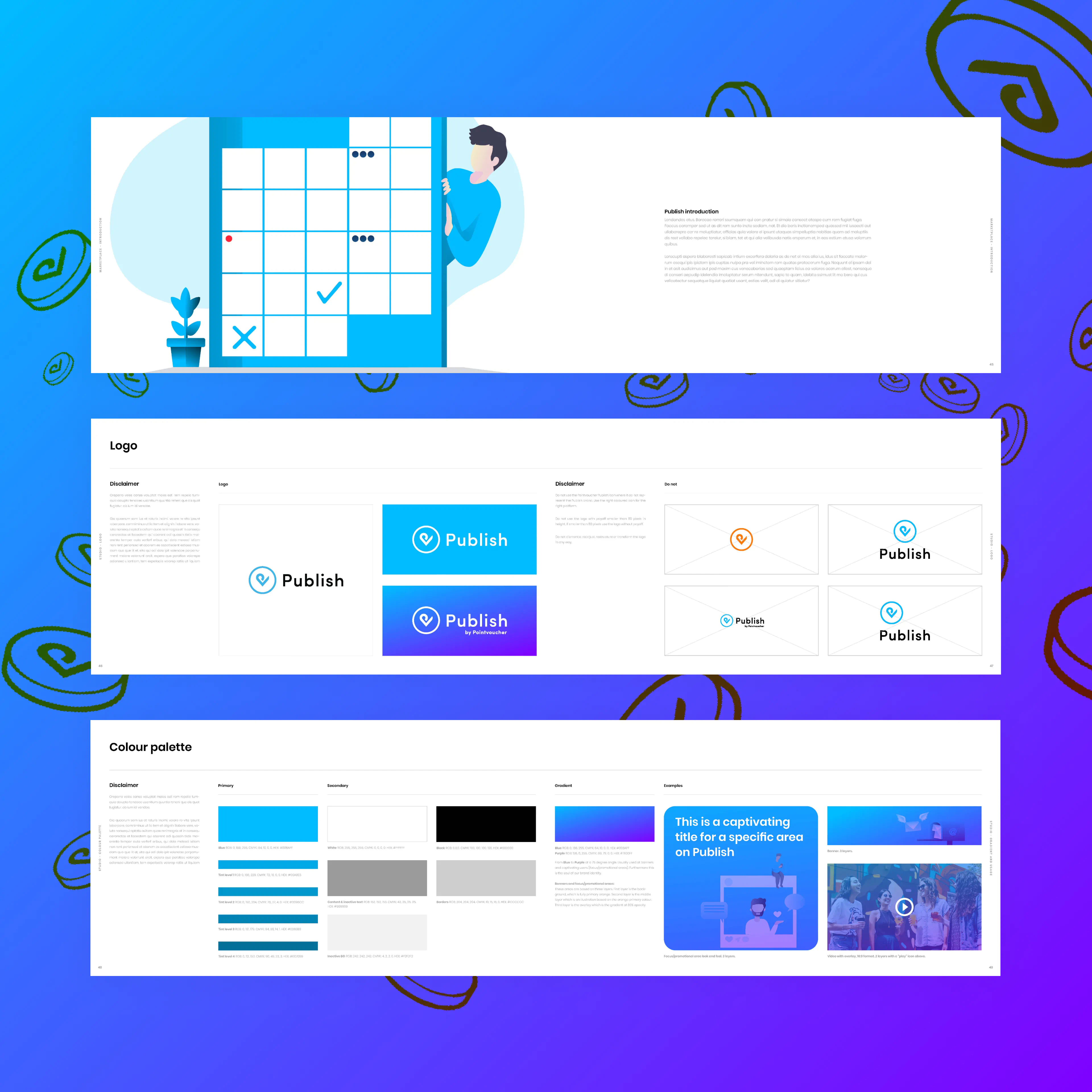 Animated sequence of Publish sub-brand logos, cycling through variations and gradient applications for digital use.