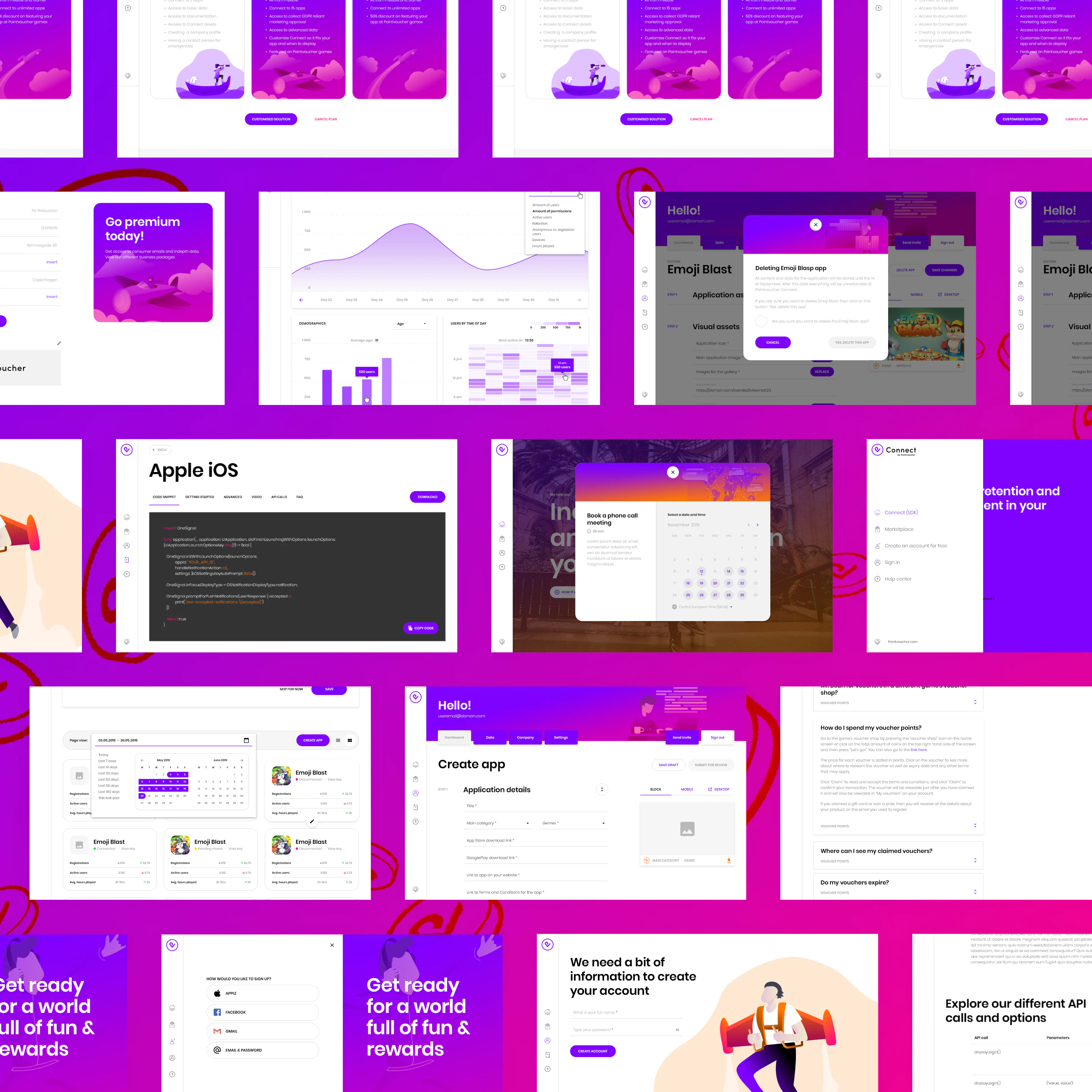 UI design system visuals for Connect sub-brand, displaying dashboard screens, settings, and branded interface components.
