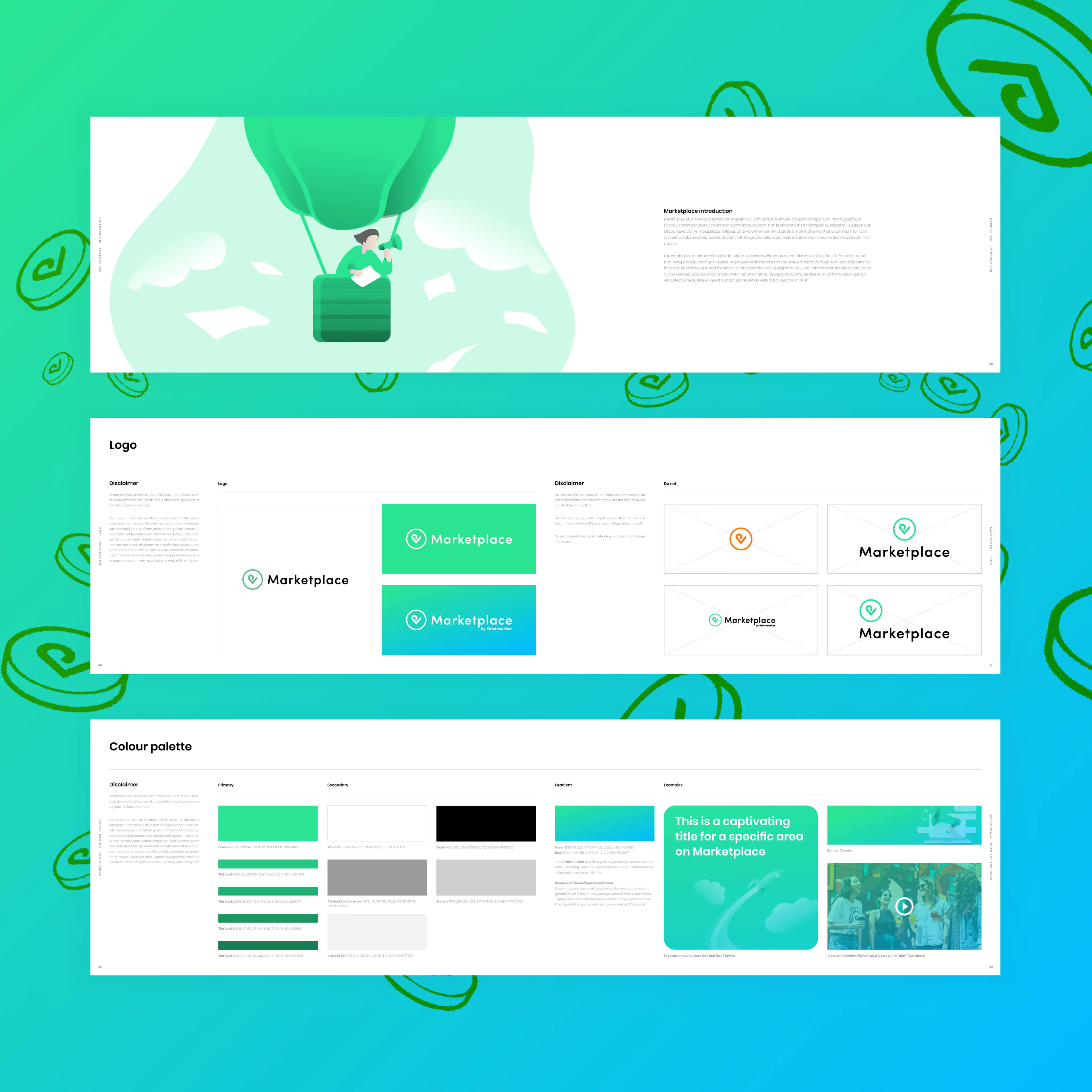 Marketplace sub-brand logo guidelines, showing logo variations, colour palettes, and branding rules for consistent application.