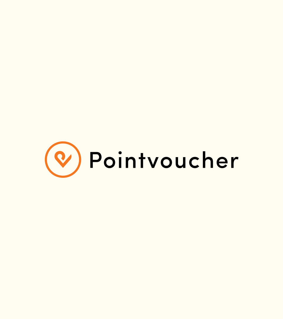 Animated sequence of Pointvoucher logos and sub-brands in original monochrome formats, showing variations and usage over time.