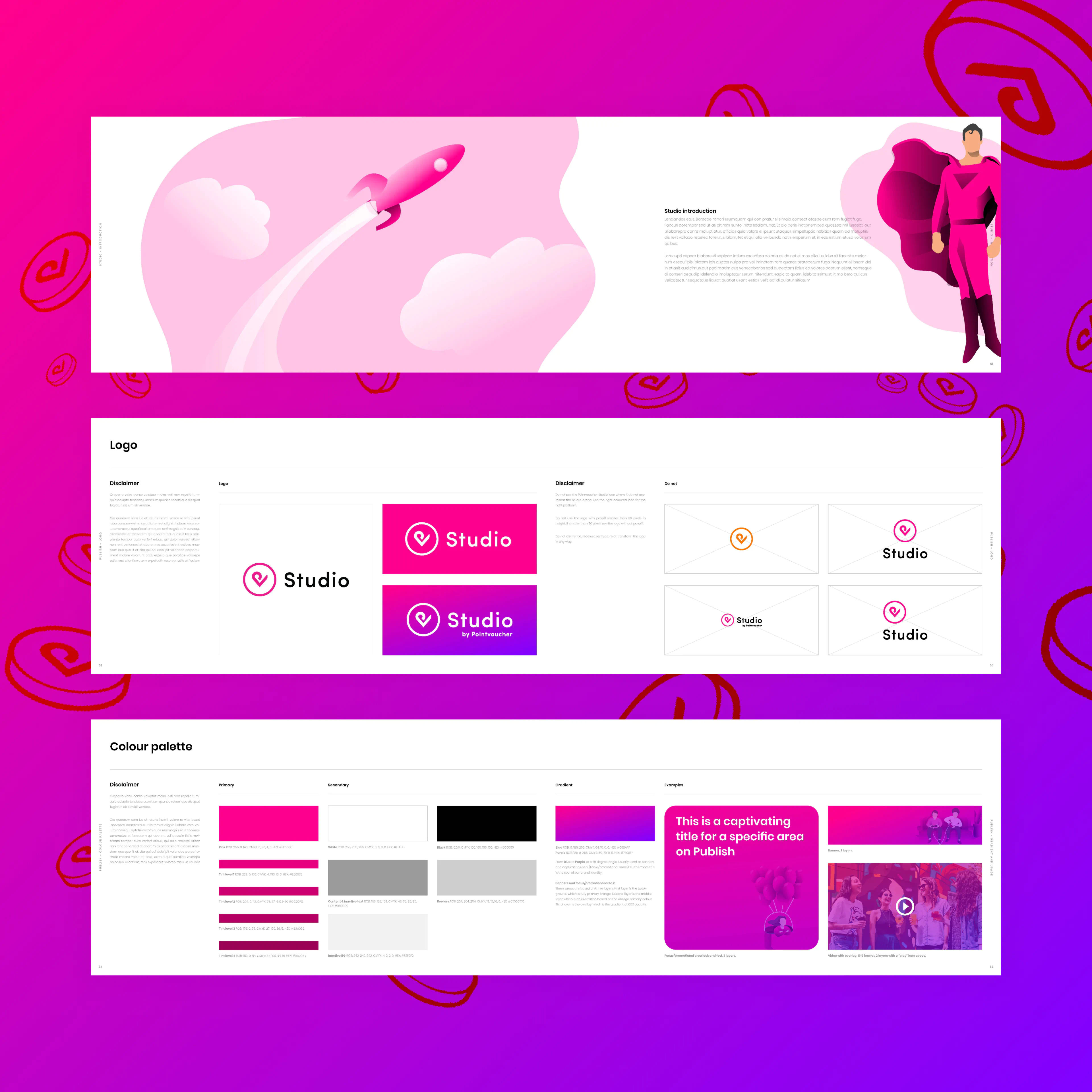 Animated reveal of Studio sub-brand logo, showing identity variations in different colours and branded lockup formats.Animated demonstration of Studio design system layouts, highlighting interface screens and responsive branded components.