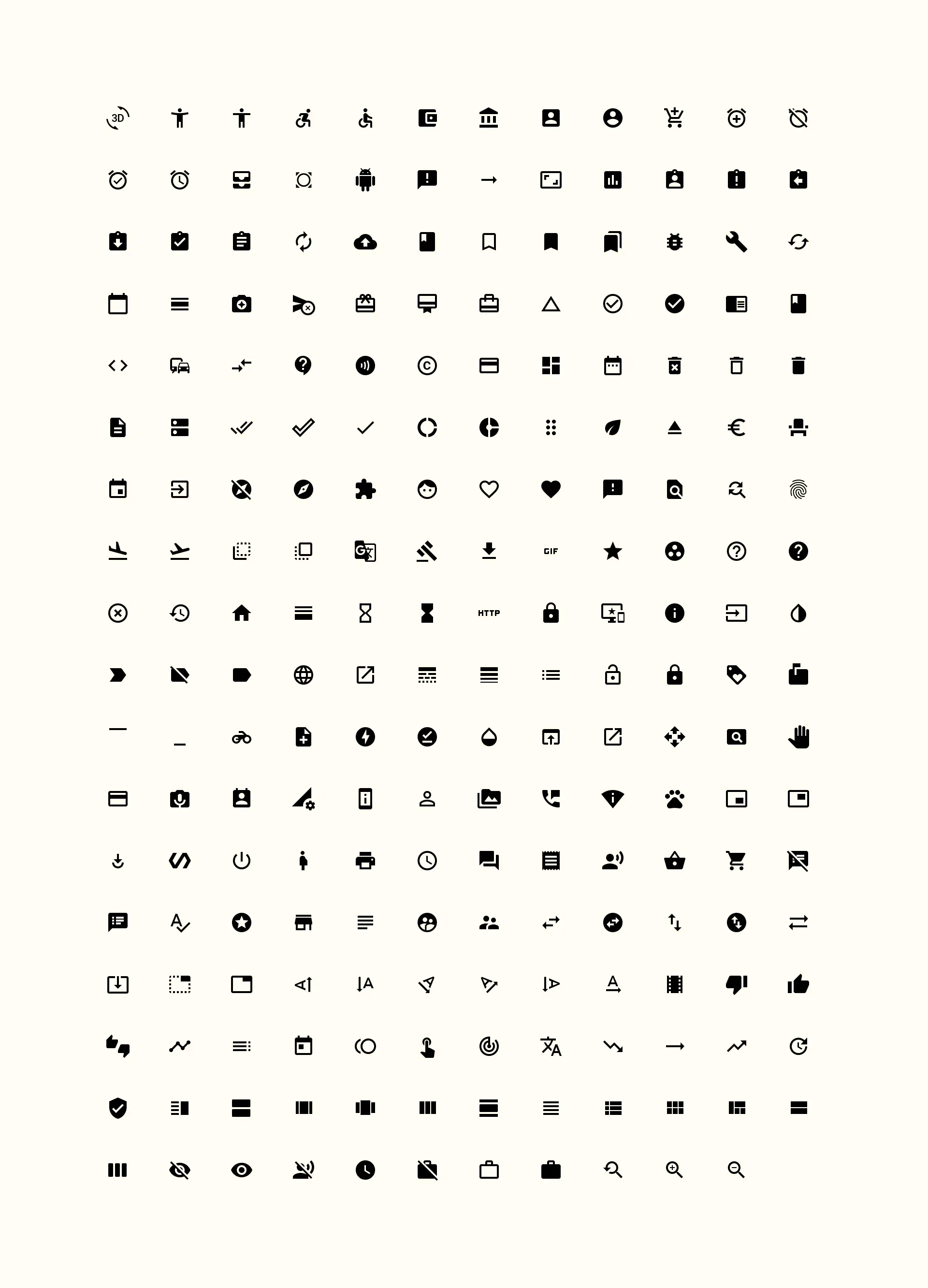 Iconography spread from Pointvoucher guidelines showing adapted Google Material icons, organised in rows by function and usage type.