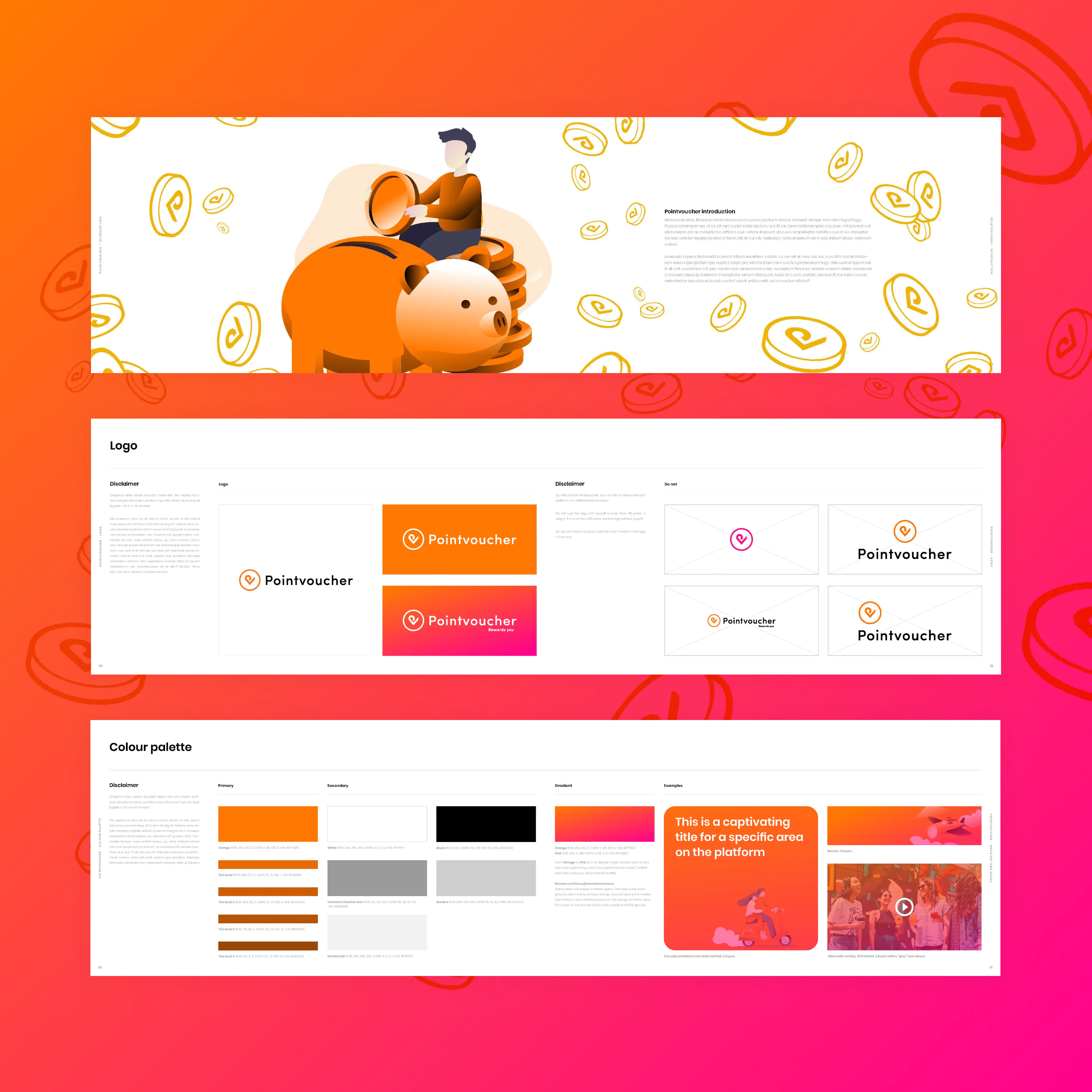 E-commerce visuals from Pointvoucher Brand Guidelines showcasing product voucher pages, gaming offers, and shopping experiences.