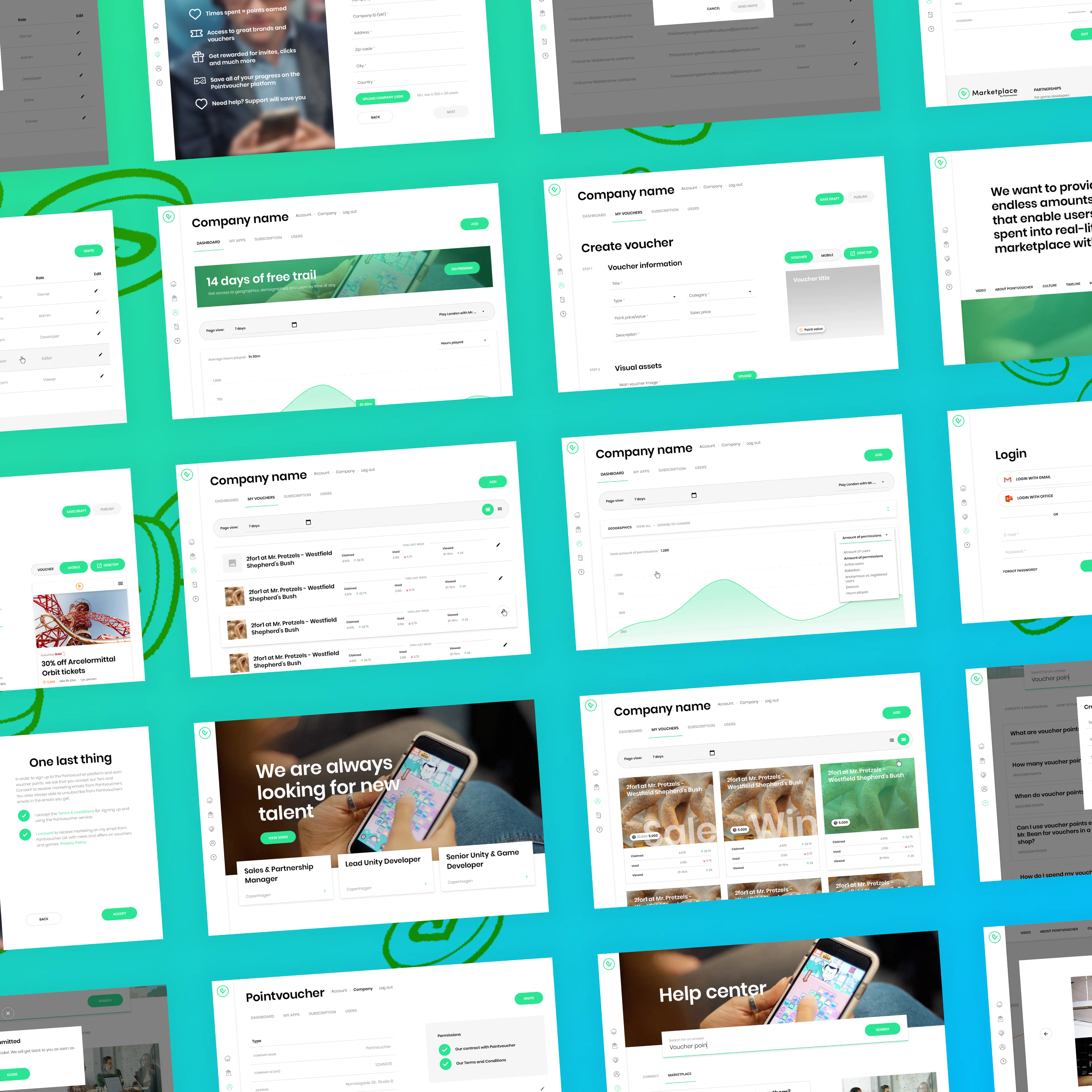 Marketplace UI design system visuals showing voucher creation, dashboards, and company interfaces styled in a green palette.