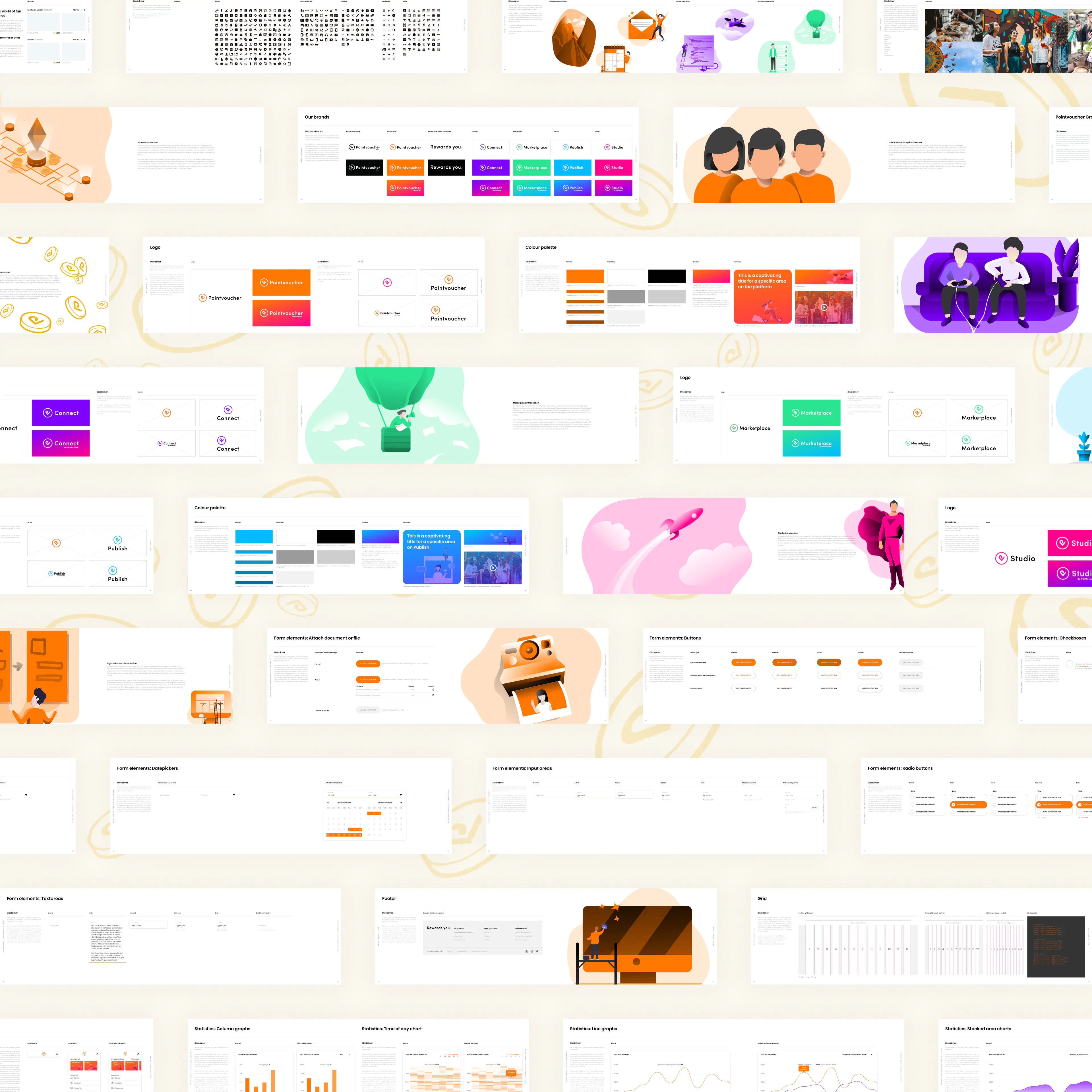 Overview spread from Pointvoucher Brand Guidelines showing piggy bank illustration, logo usage rules, and colour palette samples.