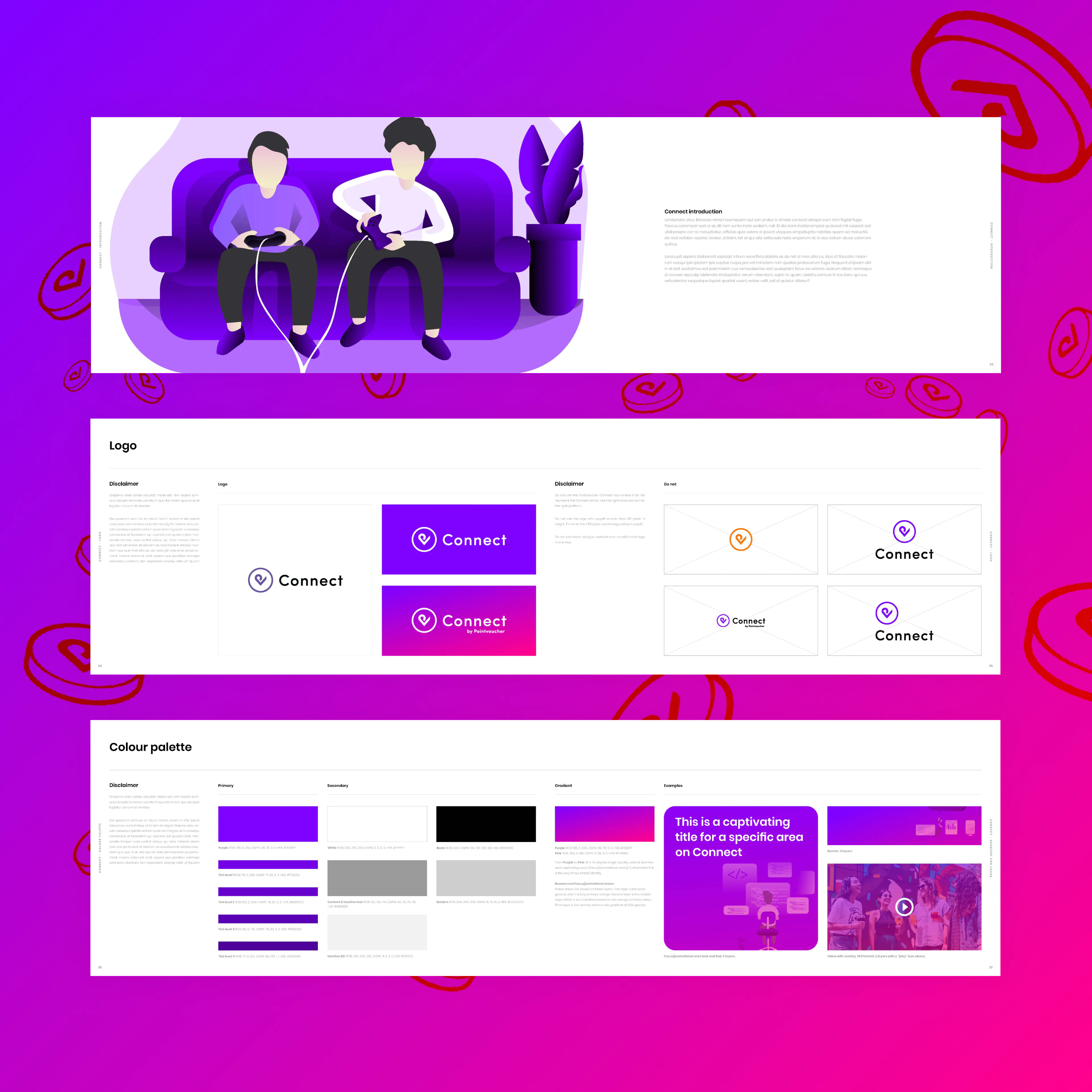 Connect sub-brand logo guidelines, showing colour variations, lockups, and placement rules within the Pointvoucher identity system.