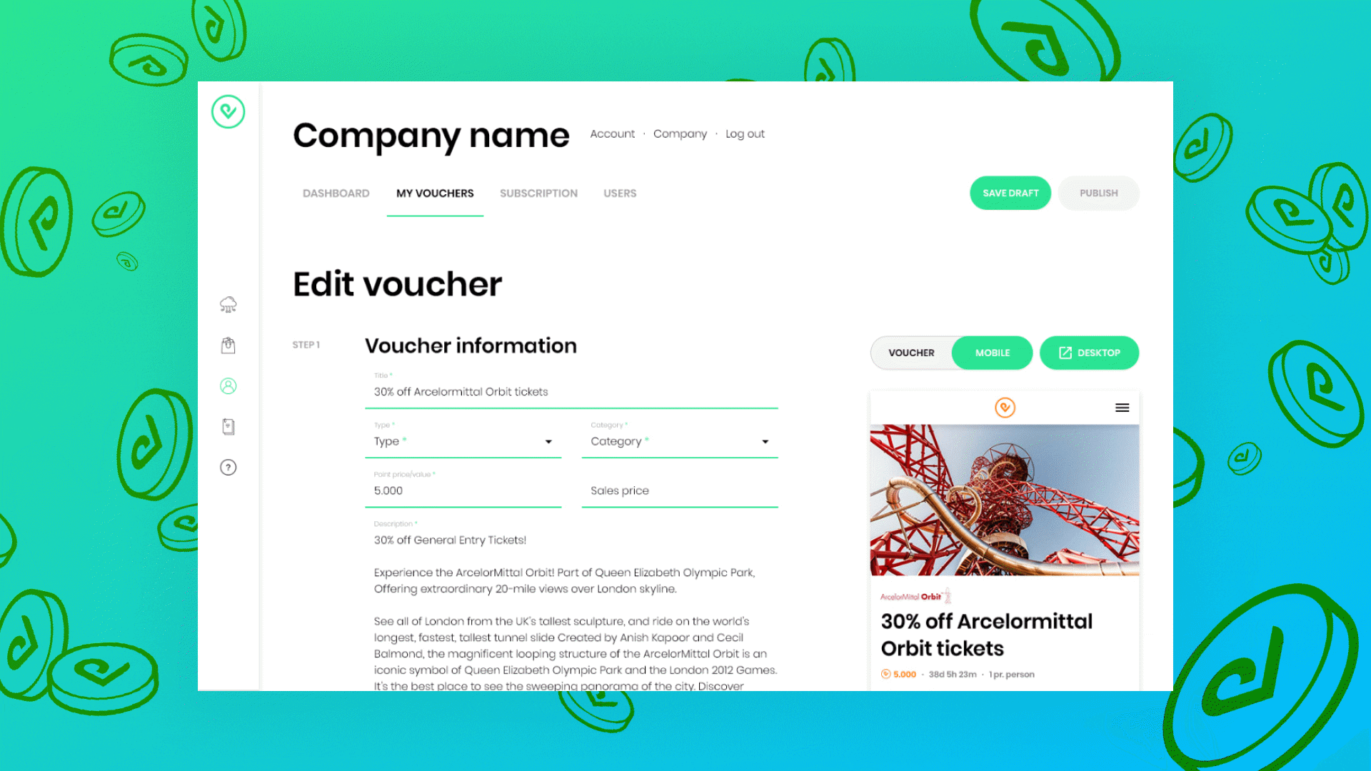 Animated preview of Marketplace UI system, rotating through dashboard, shopping, and voucher management interface screens.