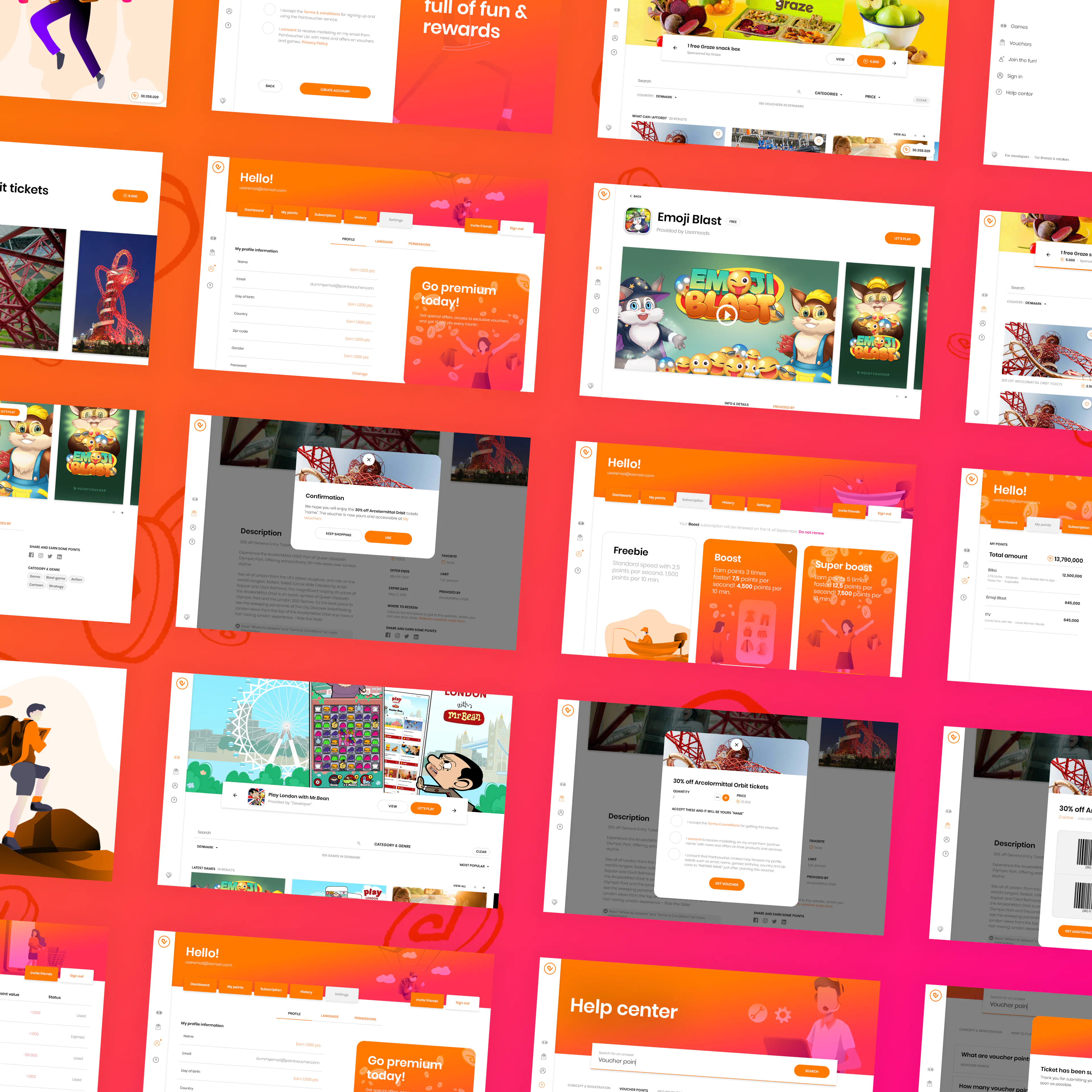 Grid system guidelines showing responsive Pointvoucher layouts for desktop, tablet, and mobile, with detailed spacing and media queries.
