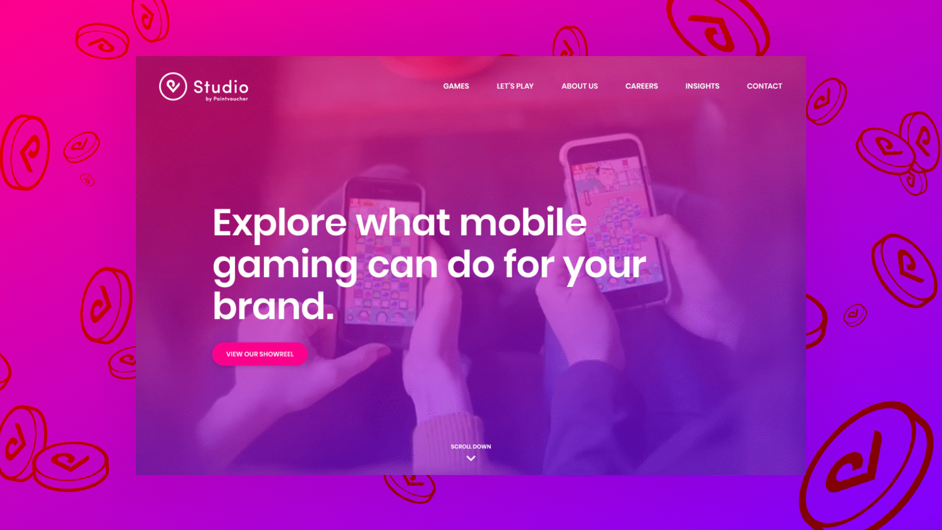 Animated demonstration of Studio design system layouts, highlighting interface screens and responsive branded components.