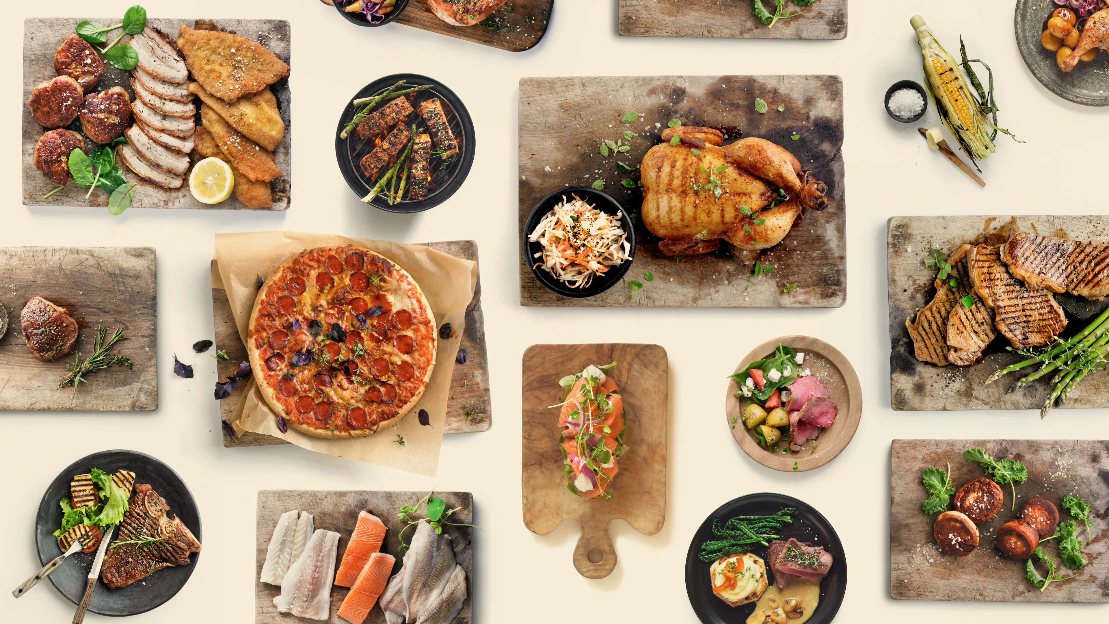 Selection of Danish dishes from the SuperBrugsen In-store Digital Wine Universe, illustrating food pairing categories for the interactive wine helper.