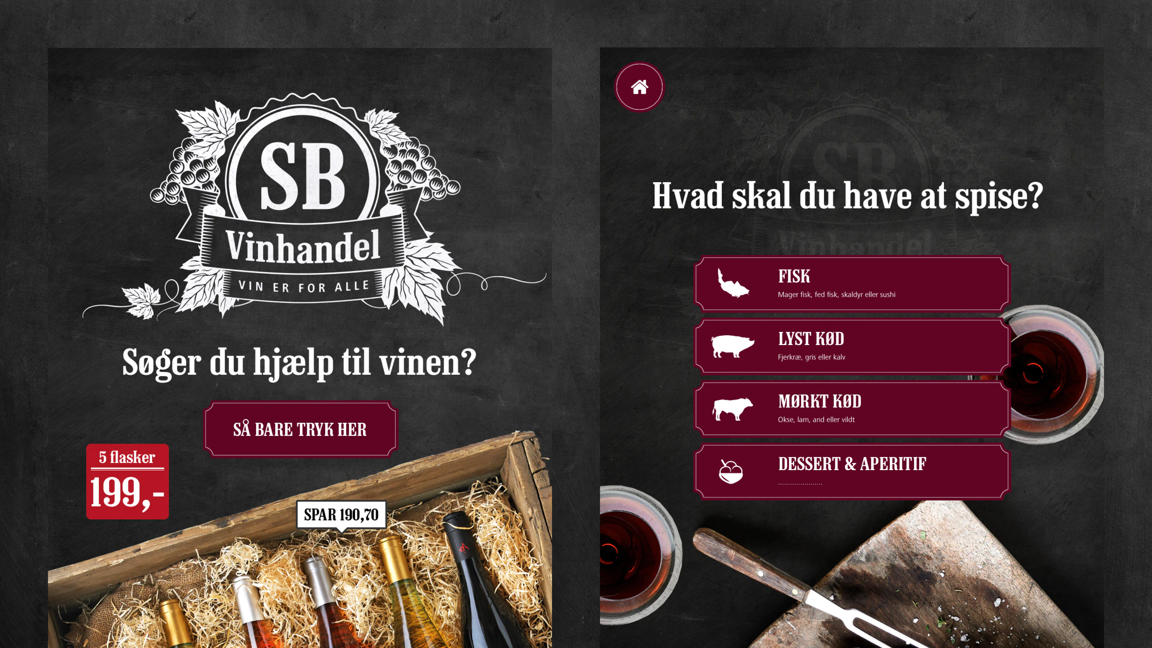 Case study gallery of SuperBrugsen In-store Digital Wine Universe, showing interactive UI screens for wine assistance and food pairing options.
