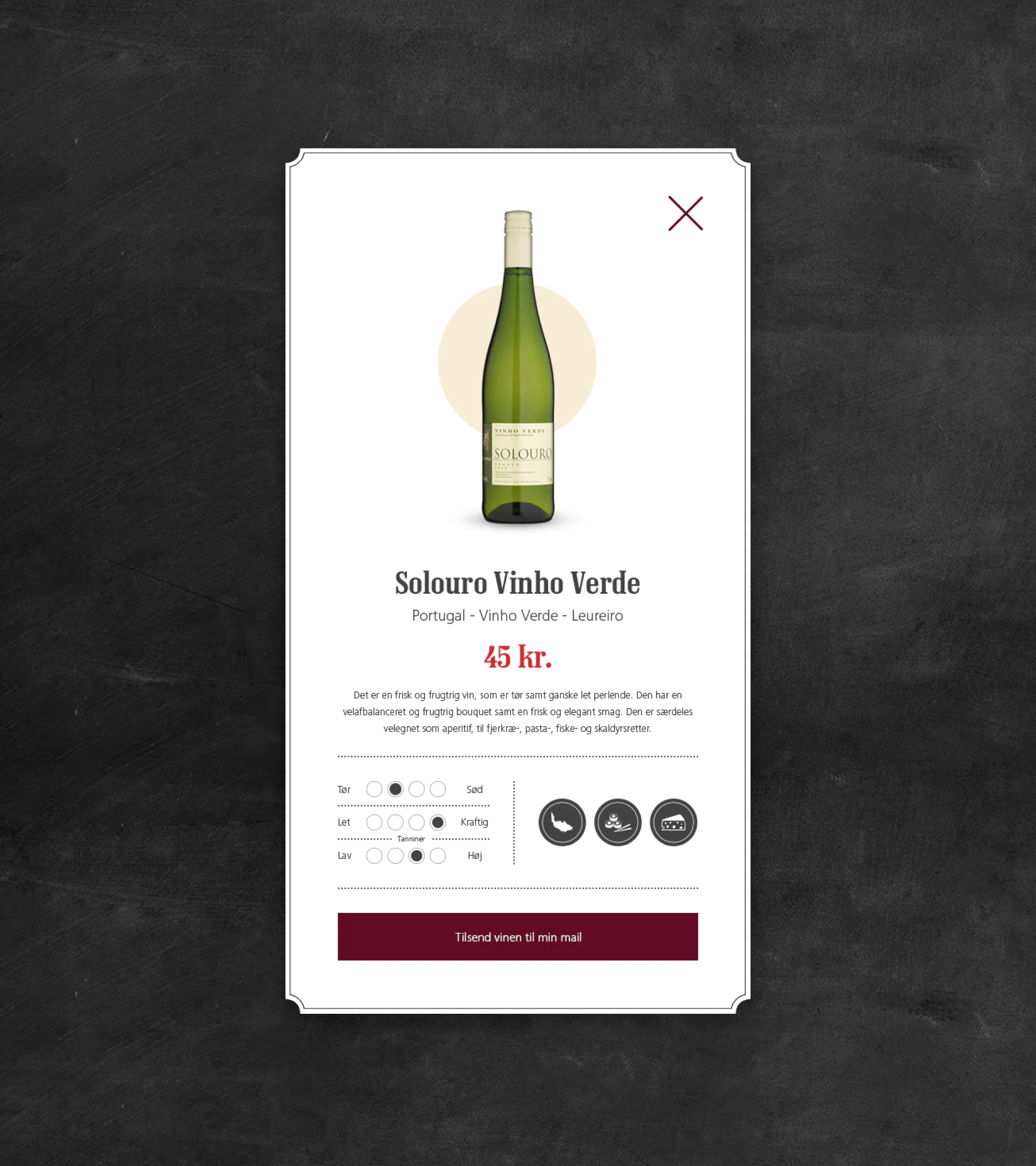 Wine card interface from the SuperBrugsen In-store Digital Wine Universe, displaying detailed information about Solouro Vinho Verde.